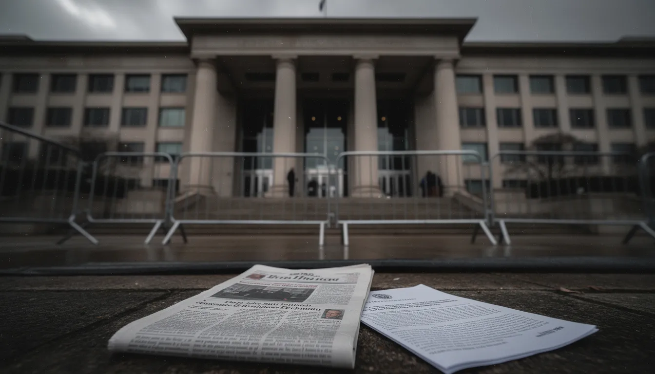 Interior of a formal committee hearing room with empty seats and microphones on a curved desk